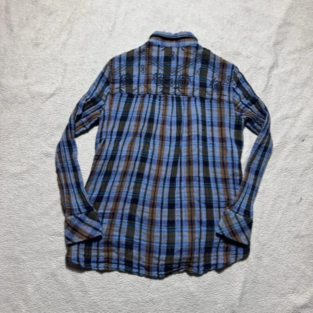 Free People Top Womens XS‎ Blue Plaid Button-Up Tunic Floral Embroidery Collared